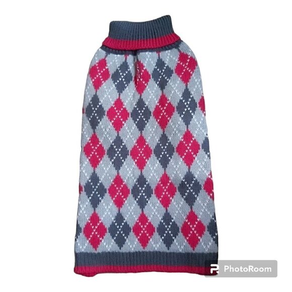 NWOT Argyle Red/Gray Diamond Knit Turtleneck Dog Sweater 100% Acrylic-Size Large - Picture 1 of 6